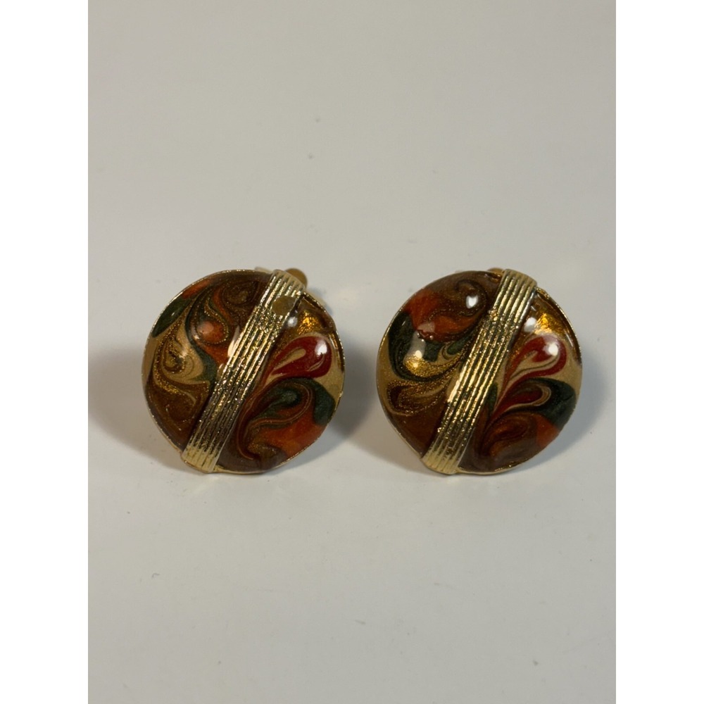 Vintage‎ Clip On Earrings Brown Gold Enamel Swirl Boho Mid Century Statement
